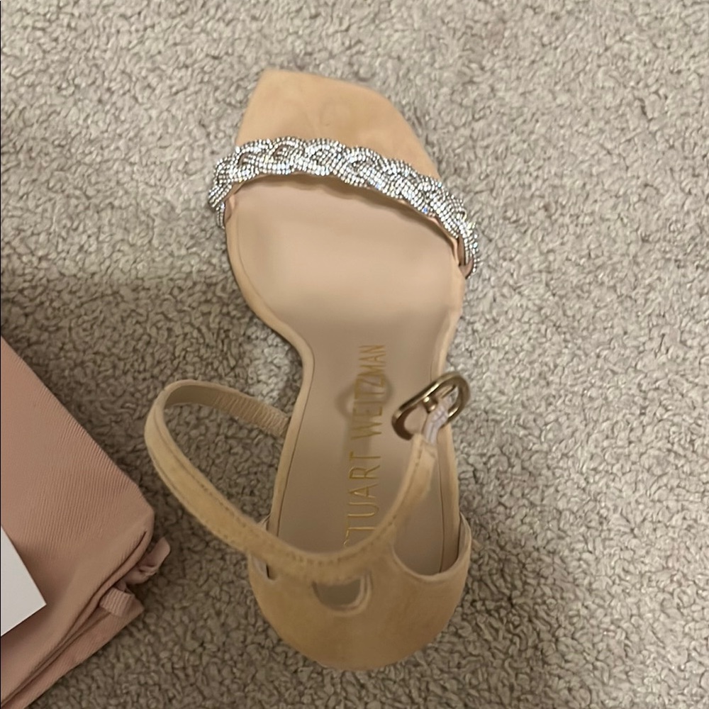 Stuart Weitzman Nude Suede Open-Toe Sandal with Sparkling Silver Strap